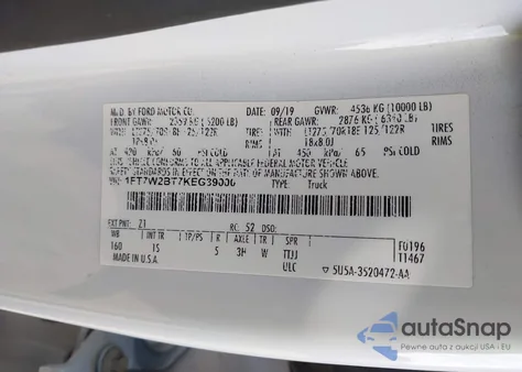 2019 Ford F-250 Xl z USA, uszkodzony, nr VIN 1FT7W2BT7KEG39000